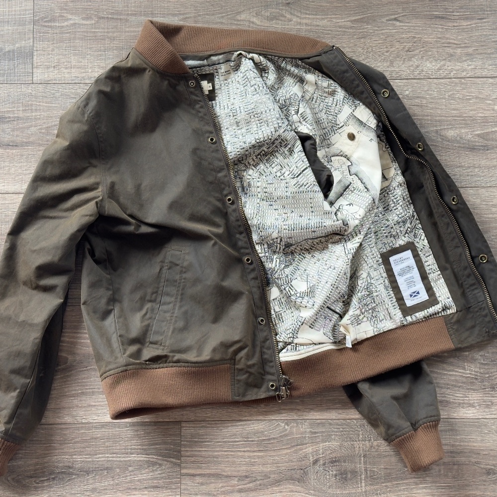 Taylor Stitch Olive Bomber Jacket with Brown Trim and Map Lining